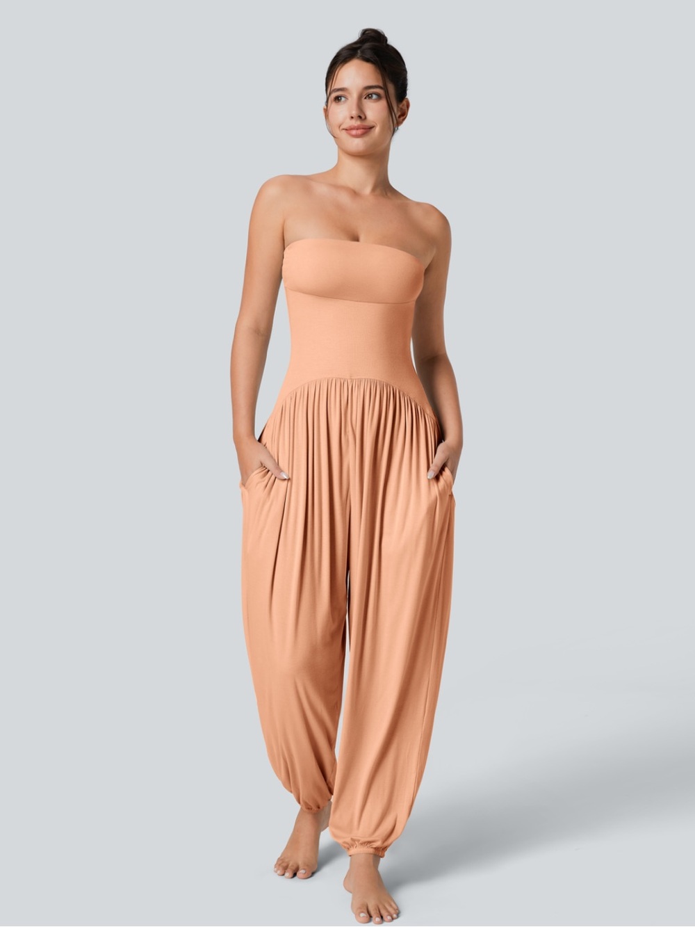 HALARA Strapless Ribbed Tube Jumpsuit in Peach
